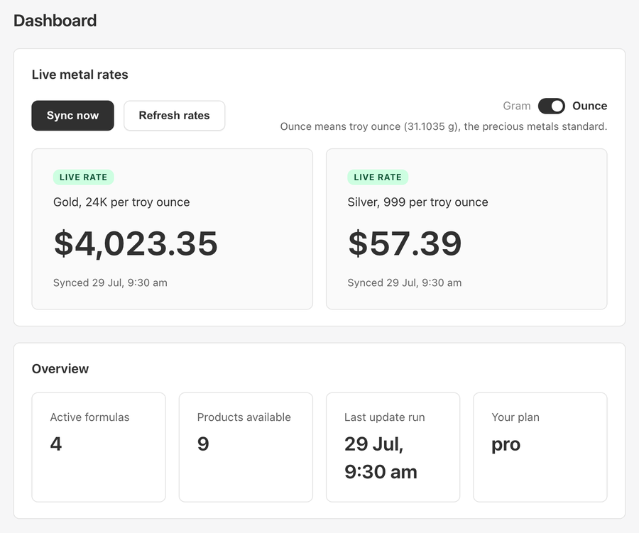 Dashboard showing live gold and silver rate cards and an overview row