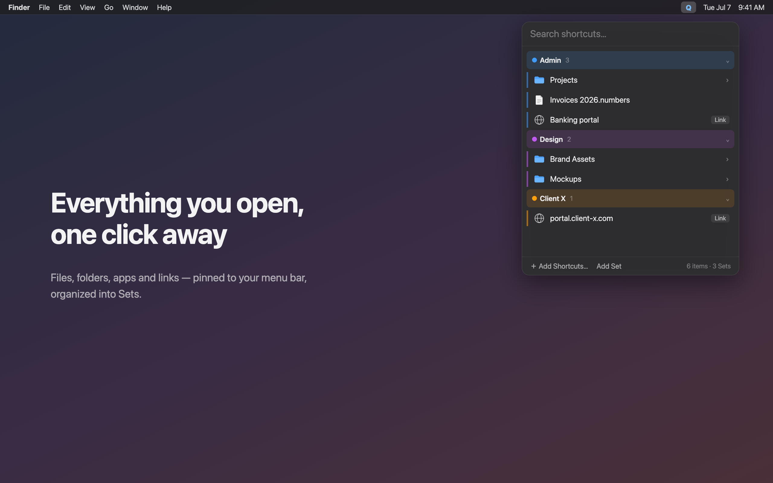 Instant shortcut access, organized into Sets on macOS & Windows